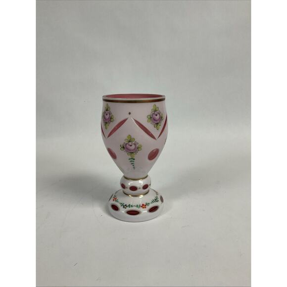 Vintage 1930’s Bohemian Cranberry White Overlay Floral Glass - 6.5"H - Picture 3 of 5
